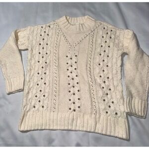 HM Bead Studded Cable Knit Sweater Ivory Cream Crew Neck XS 0353177